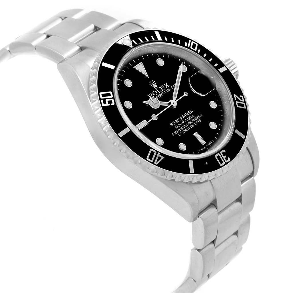 The Rolex Submariner 16610 Men's Stainless Steel Black Dial 16610 Men's Stainless Steel Black Dial is shown at a three-quarter angle, highlighting its face, bezel, crown, and part of the bracelet.