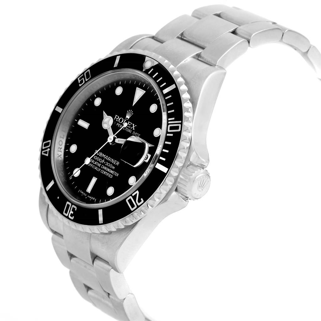 The image shows a side angle of the Rolex Submariner 16610 Men's Stainless Steel Black Dial 16610 Men's Stainless Steel Black Dial watch, focusing on the bezel, dial, and bracelet.