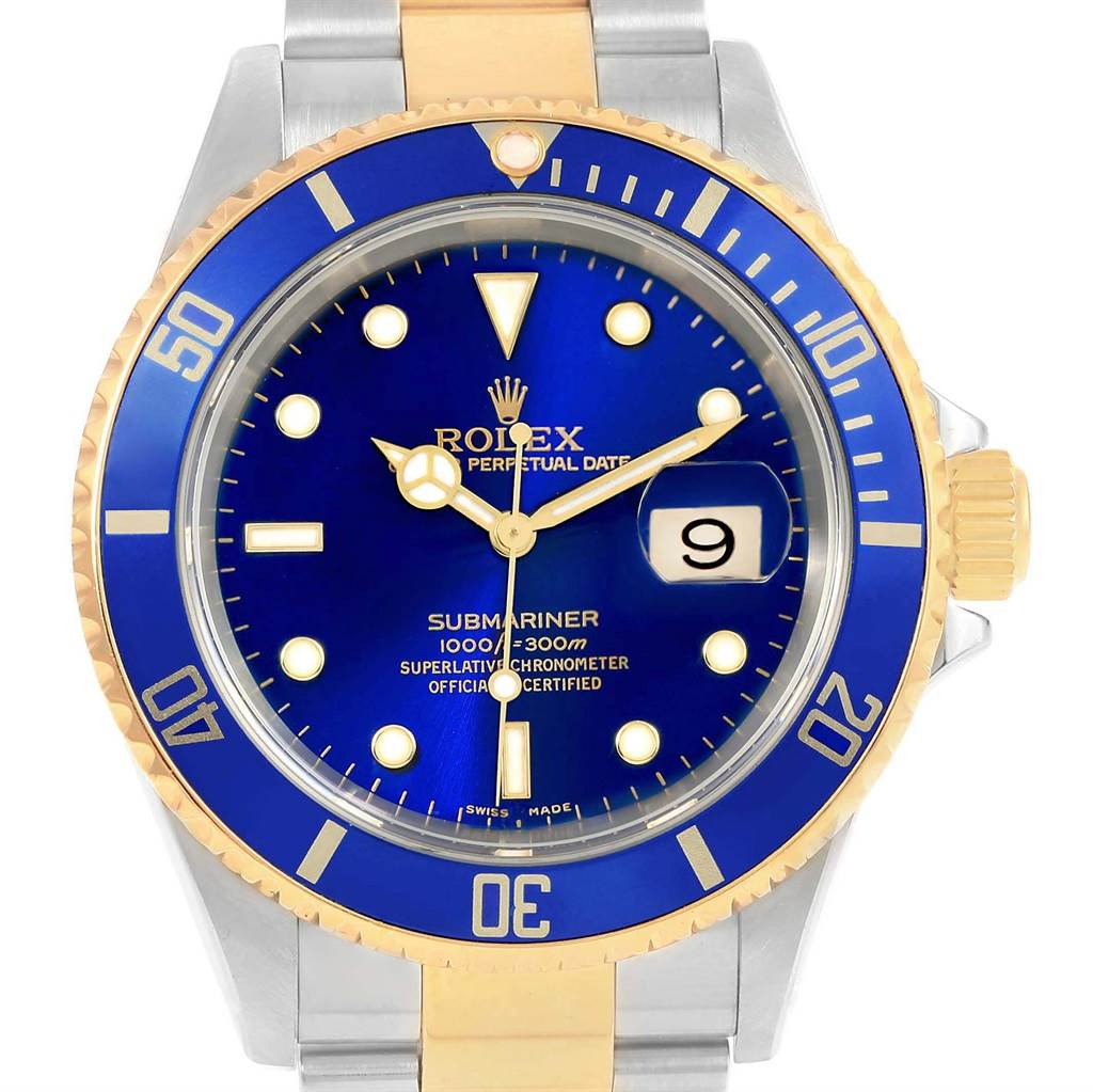 The image shows a close-up, front view of a Rolex Submariner 16613 Men's Steel and Gold (two tone) Blue Dial 16613 Men's Steel and Gold (two tone) Blue Dial watch, highlighting its blue dial, gold accents, and bezel.