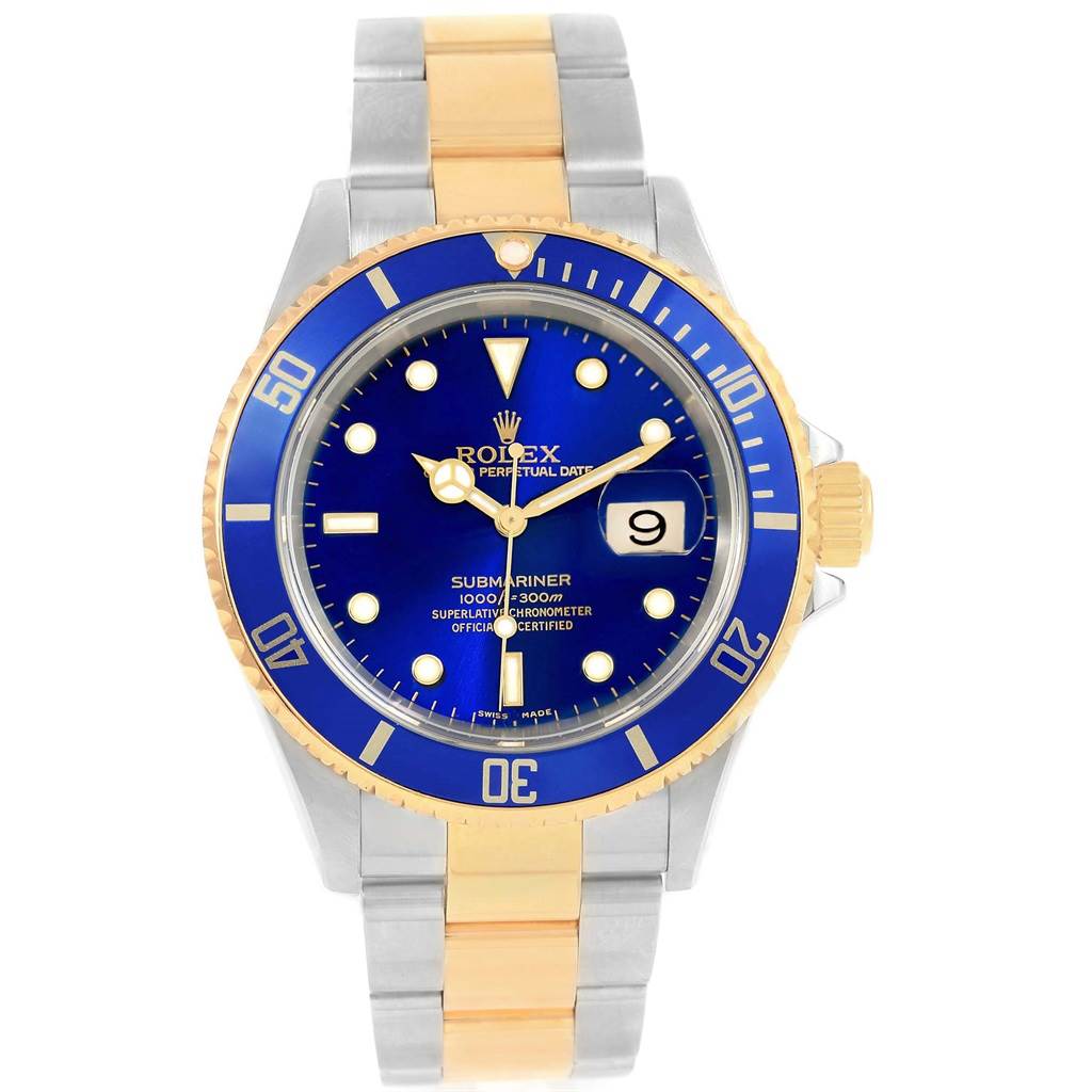 This image shows a Rolex Submariner 16613 Men's Steel and Gold (two tone) Blue Dial 16613 Men's Steel and Gold (two tone) Blue Dial watch with a blue dial and two-tone metal bracelet from a front view.