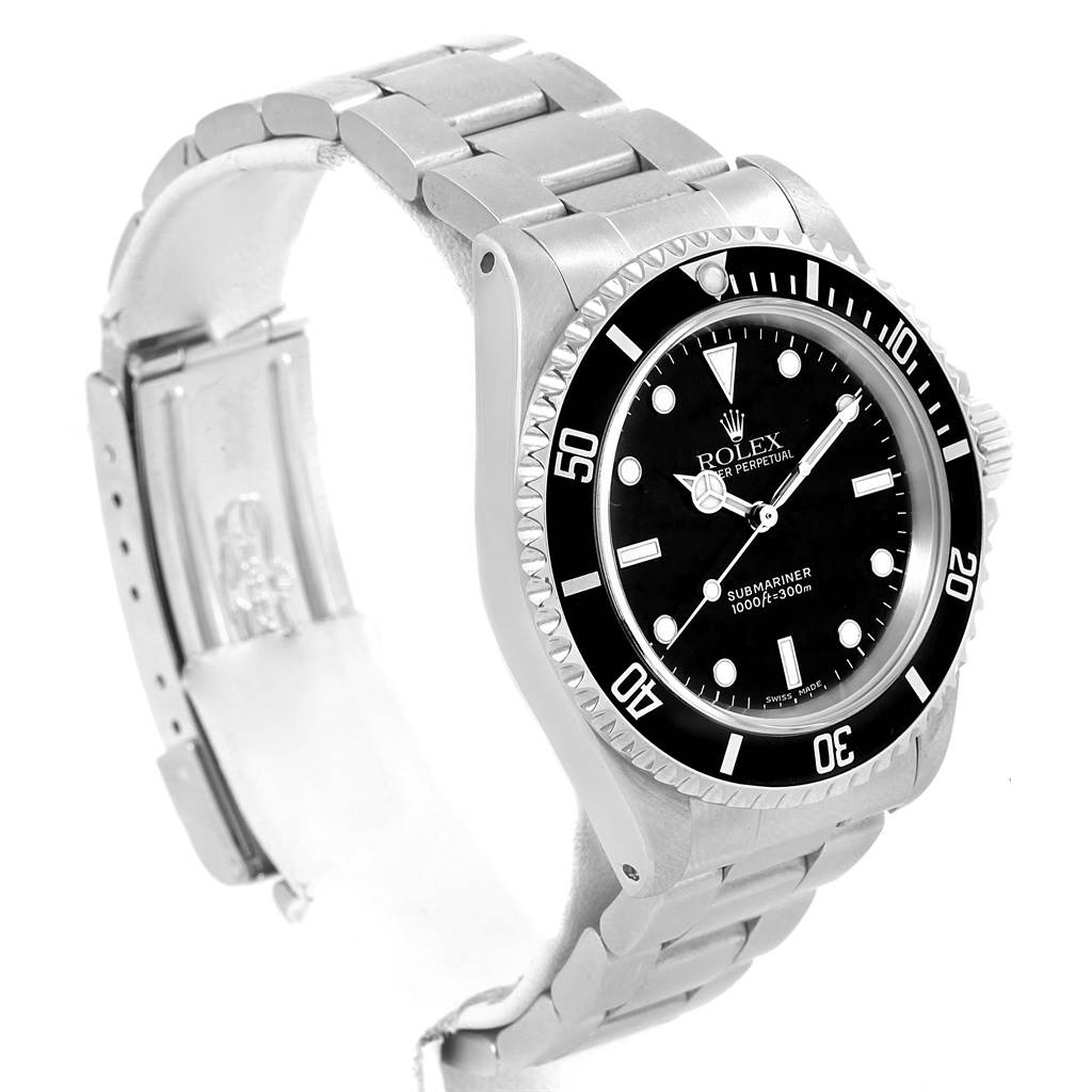 The image shows a side profile and front angle of a Rolex Submariner 14060 Men's Stainless Steel Black Dial 14060 Men's Stainless Steel Black Dial watch displaying its clasp, bracelet, bezel, and dial.