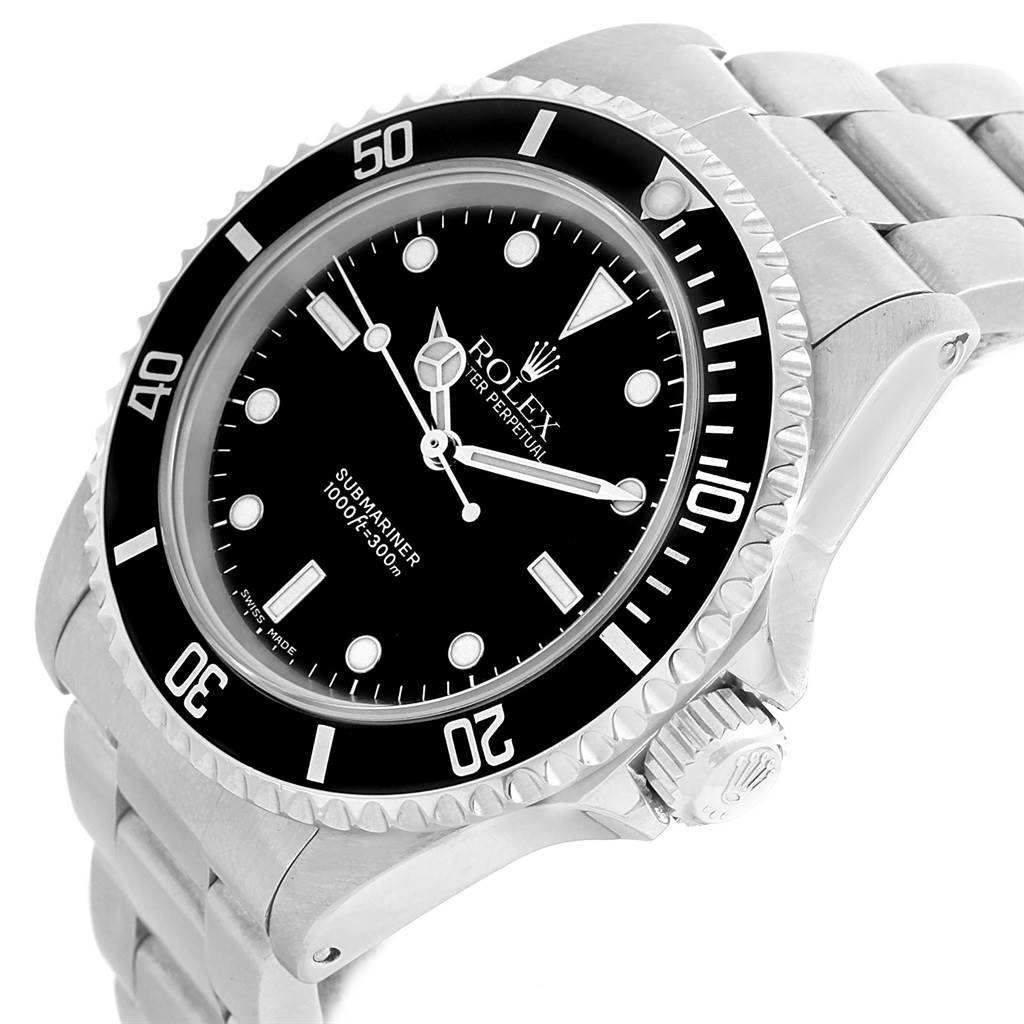 The image showcases a Rolex Submariner 14060 Men's Stainless Steel Black Dial 14060 Men's Stainless Steel Black Dial watch at an angle highlighting its black dial, bezel, and part of the metal bracelet and crown.