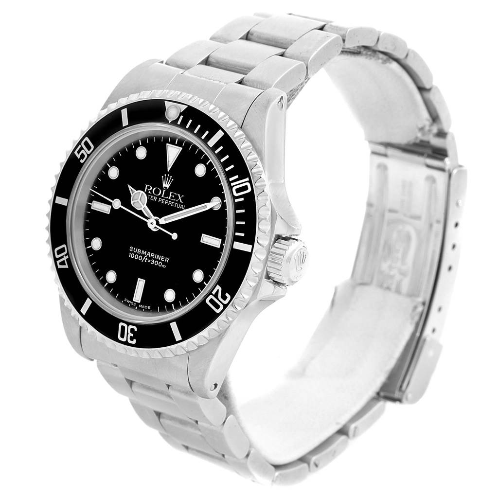 The Rolex Submariner 14060 Men's Stainless Steel Black Dial 14060 Men's Stainless Steel Black Dial watch is shown at a three-quarter angle, displaying its face, bezel, crown, and bracelet.
