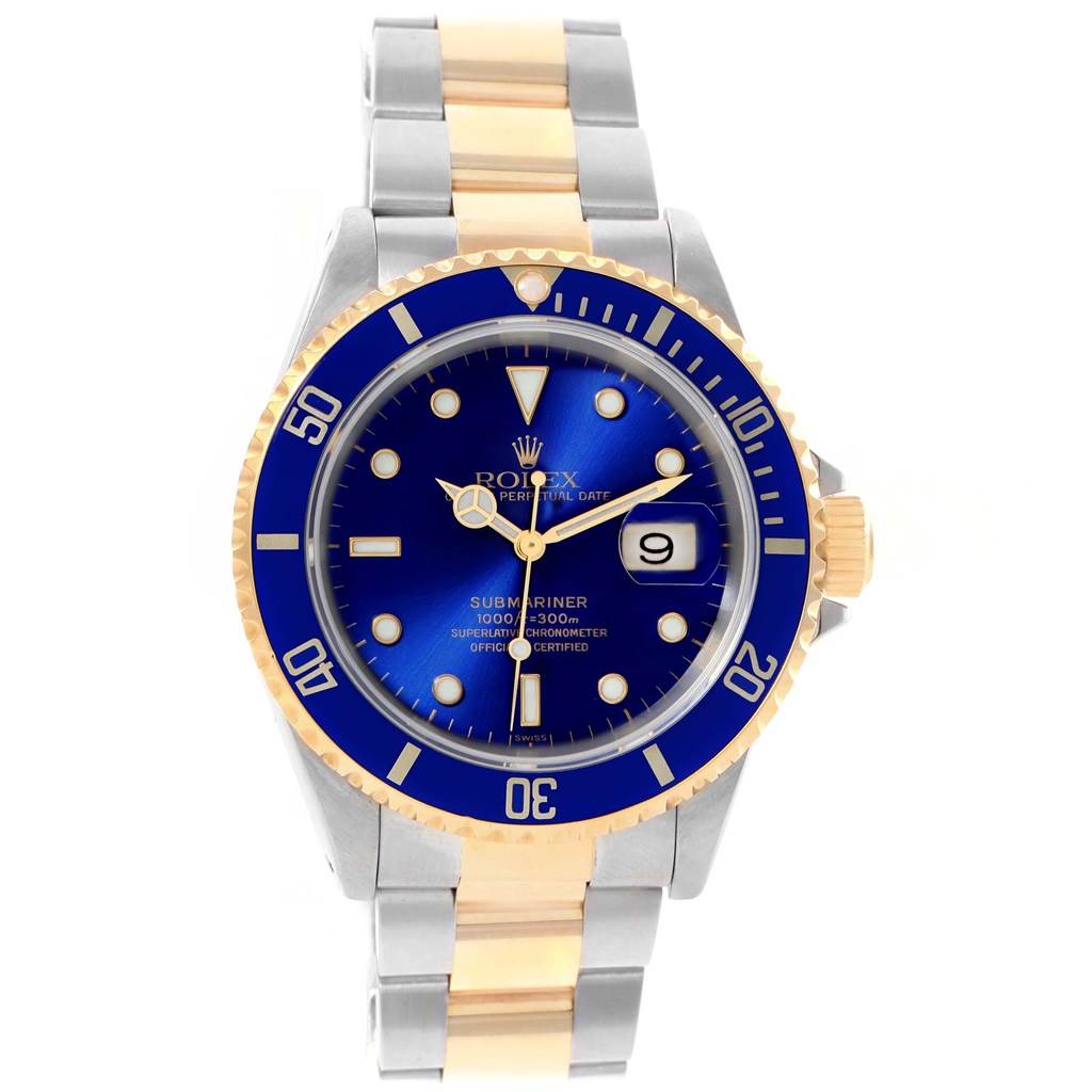 The image shows a front view of a Rolex Submariner 16613 Men's Steel and Gold (two tone) Blue Dial 16613 Men's Steel and Gold (two tone) Blue Dial watch with a blue dial, gold accents, and a two-tone bracelet.