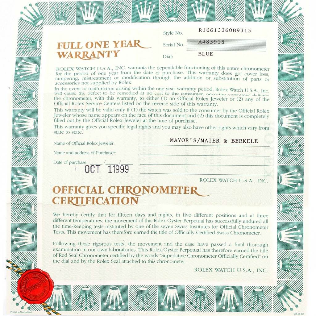 This image shows the warranty and official chronometer certification for a Rolex Submariner 16613 Men's Steel and Gold (two tone) Blue Dial 16613 Men's Steel and Gold (two tone) Blue Dial watch.