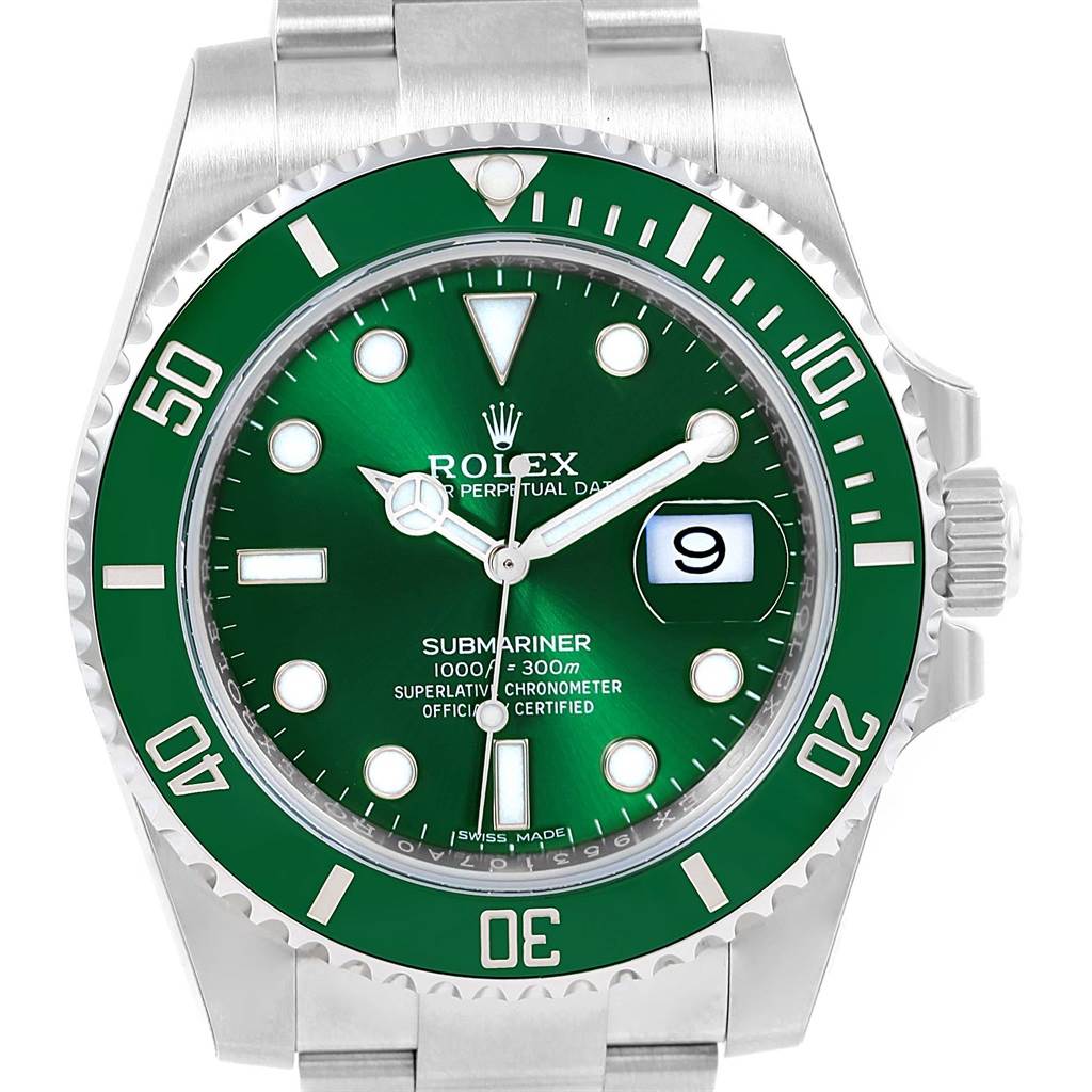 The image shows a front view of a Rolex Submariner 116610LV Men
s Stainless Steel Green Dial 116610LV Men
s Stainless Steel Green Dial watch, highlighting its green dial, date window, and stainless steel bezel with a green insert.