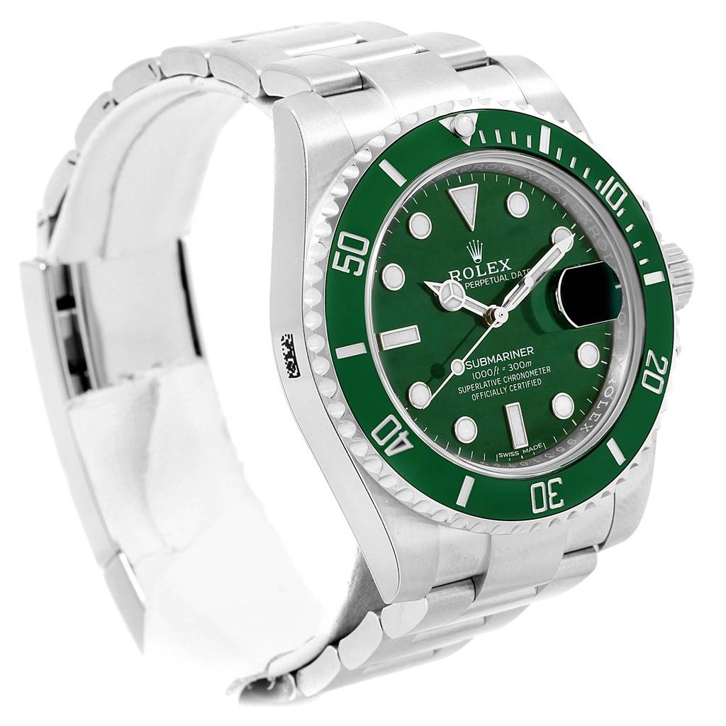 The image shows a Rolex Submariner 116610LV Men
s Stainless Steel Green Dial 116610LV Men
s Stainless Steel Green Dial watch at an angle highlighting the face, bezel, and bracelet.