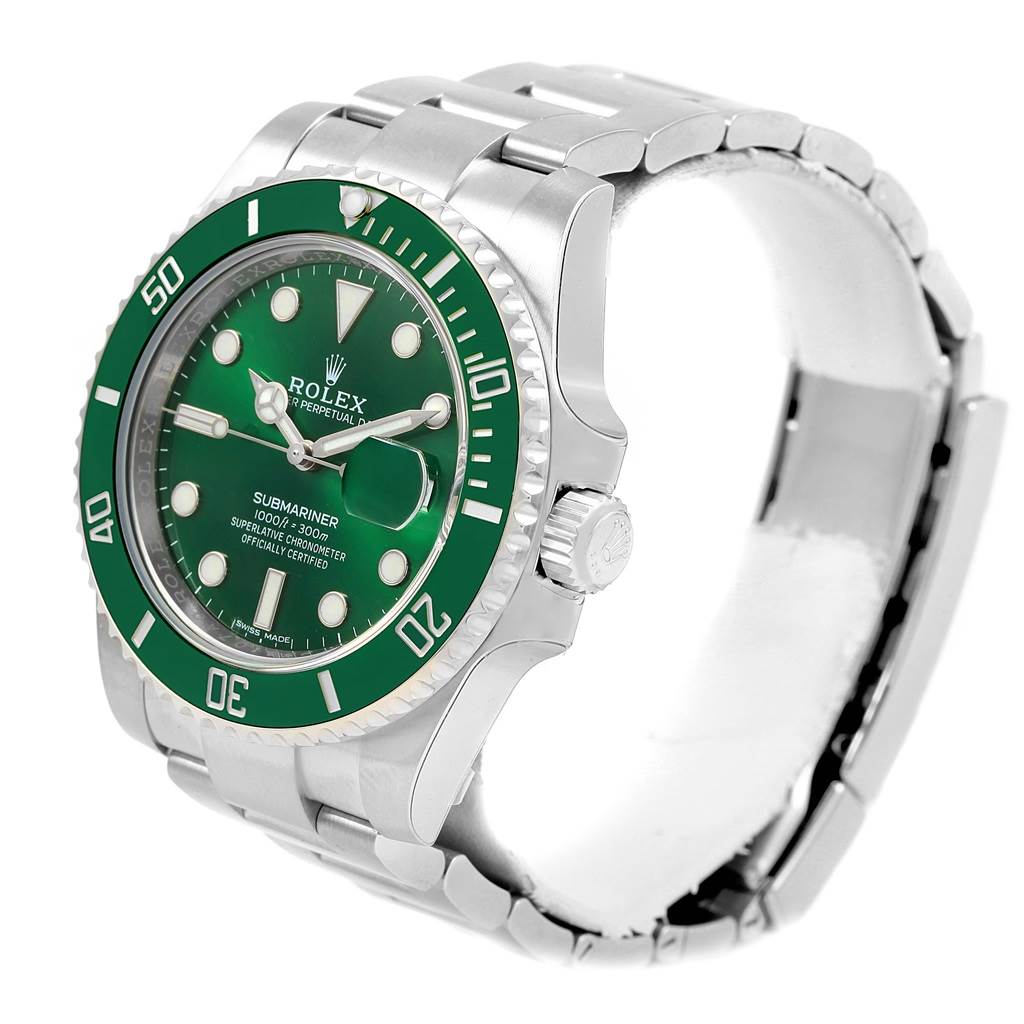 The image shows a Rolex Submariner 116610LV Men
s Stainless Steel Green Dial 116610LV Men
s Stainless Steel Green Dial watch at an oblique angle, highlighting its green dial, bezel, and stainless steel bracelet.