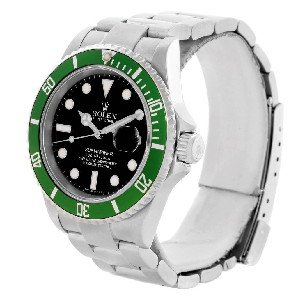 The image shows a Rolex Submariner 16610LV Men's Stainless Steel Black Dial 16610LV Men's Stainless Steel Black Dial watch at an angle highlighting the face, bezel, and part of the bracelet.