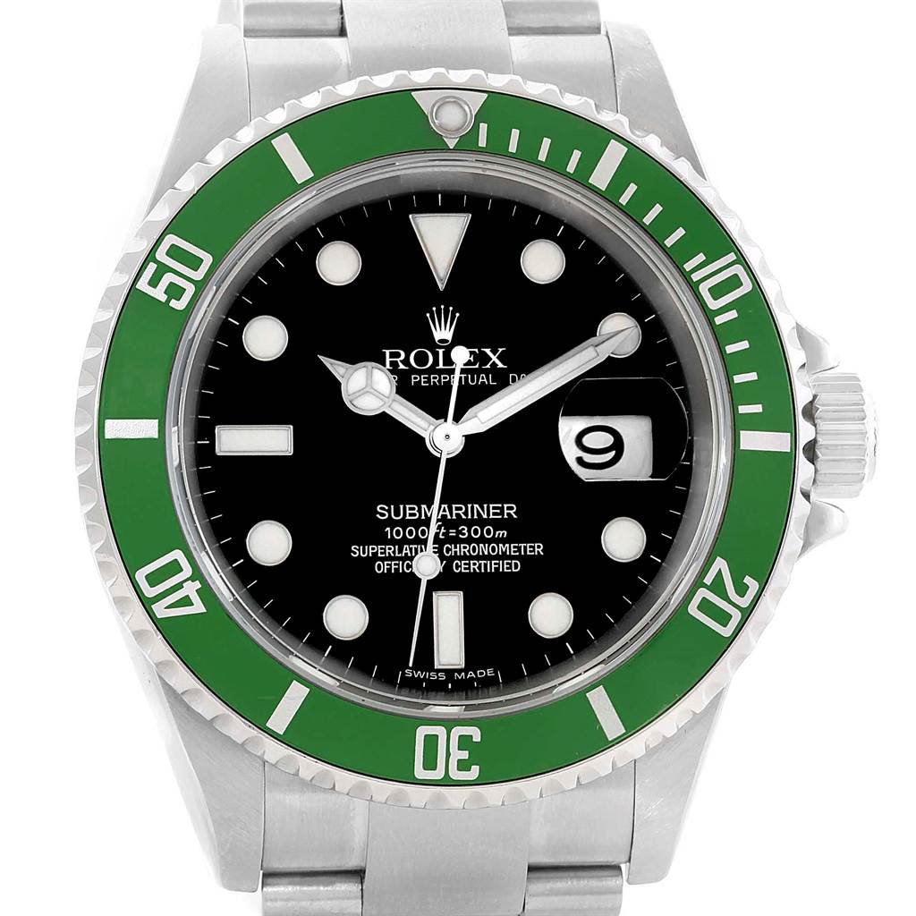 The image shows a front view of a Rolex Submariner 16610LV Men's Stainless Steel Black Dial 16610LV Men's Stainless Steel Black Dial watch, highlighting its green bezel, black dial, and silver bracelet.