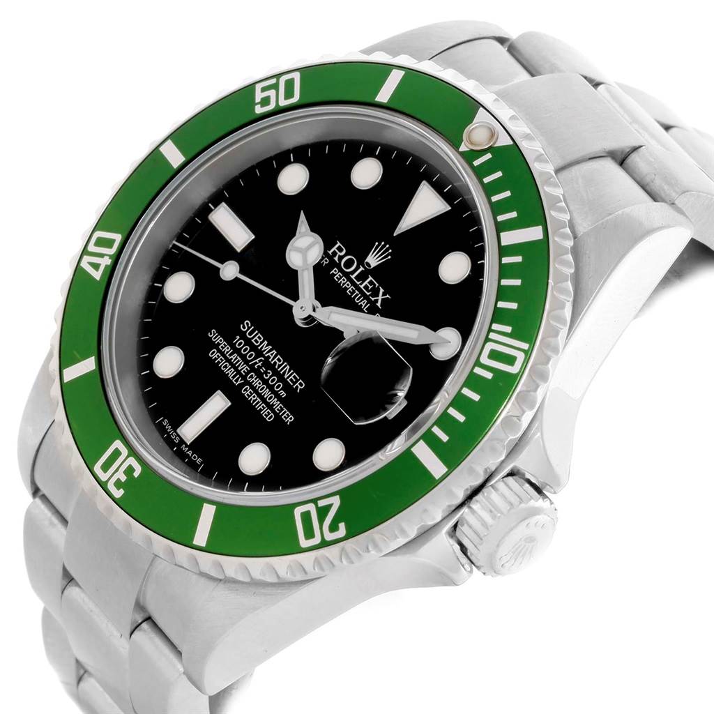 The Rolex Submariner 16610LV Men's Stainless Steel Black Dial 16610LV Men's Stainless Steel Black Dial watch is shown at an angled close-up, highlighting the green bezel, black dial, cyclops lens, and part of the bracelet.