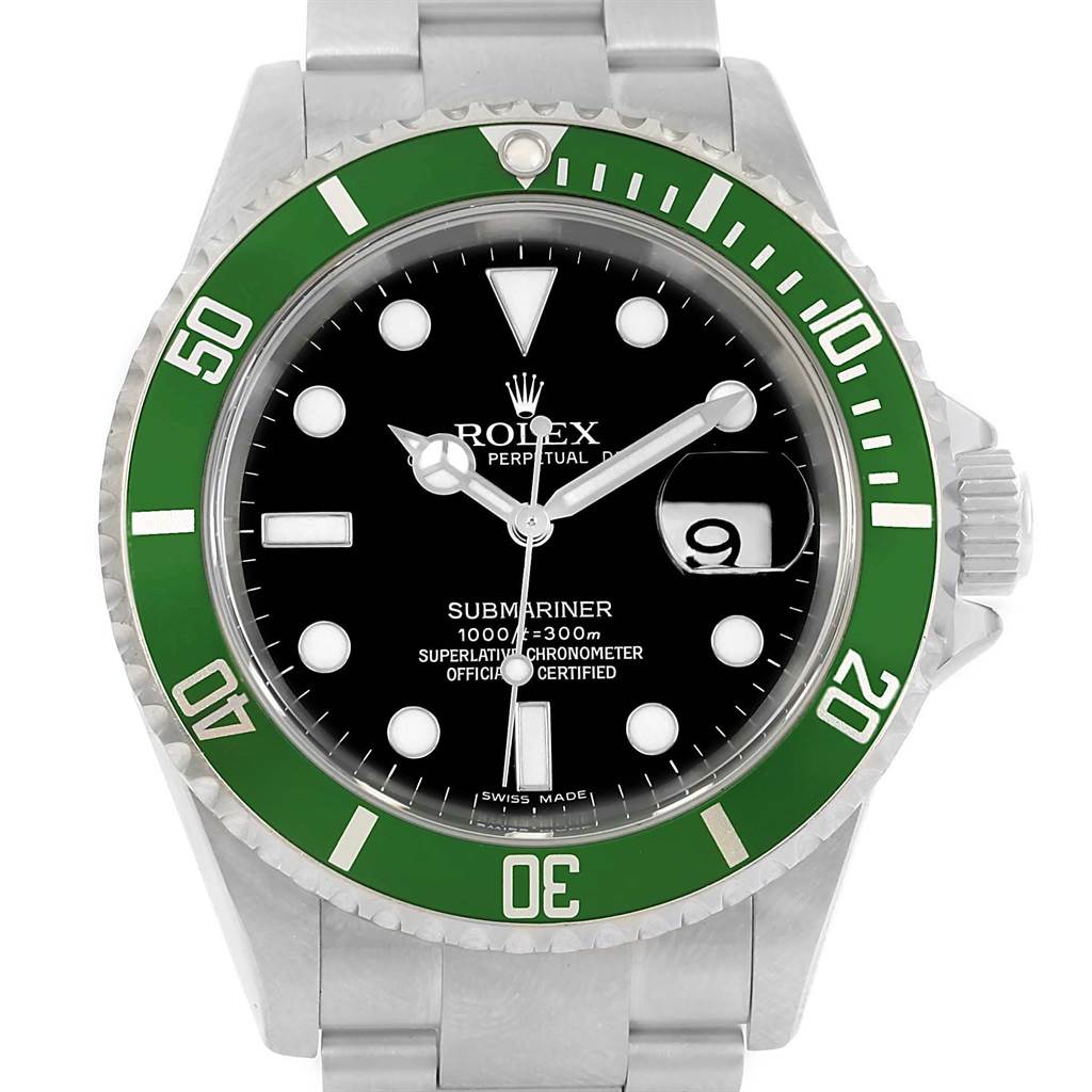 The image shows a front view of the Rolex Submariner 16610LV Men's Stainless Steel Black Dial 16610LV Men's Stainless Steel Black Dial watch, highlighting its green bezel and black dial.