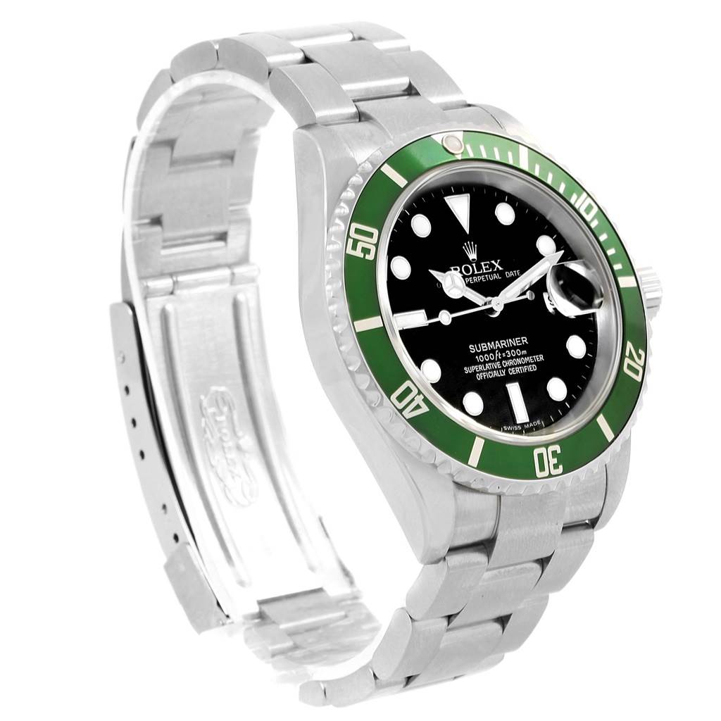 The Rolex Submariner 16610LV Men's Stainless Steel Black Dial 16610LV Men's Stainless Steel Black Dial watch is shown at a slight angle, highlighting its green bezel, black dial, and stainless steel bracelet.