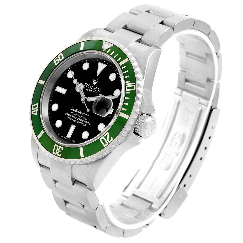 The image shows a Rolex Submariner 16610LV Men's Stainless Steel Black Dial 16610LV Men's Stainless Steel Black Dial watch at a three-quarter angle, highlighting its bezel, dial, crown, and oyster bracelet.