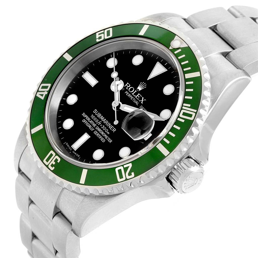 The image shows a side-angle view of the Rolex Submariner 16610LV Men's Stainless Steel Black Dial 16610LV Men's Stainless Steel Black Dial watch, highlighting its green bezel, black dial, and metal bracelet.