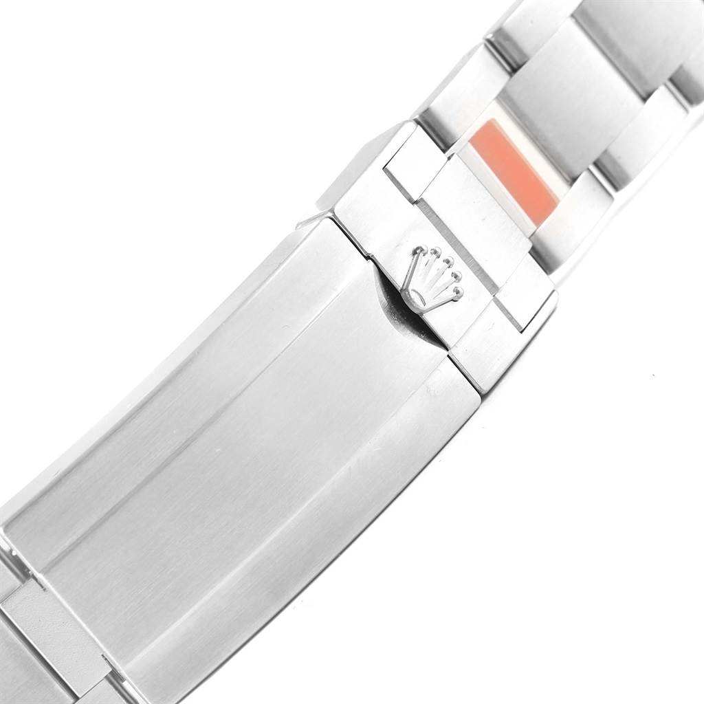 This image shows a close-up of the bracelet buckle and clasp of a Rolex Submariner 114060 Men's Stainless Steel Black Dial 114060 Men's Stainless Steel Black Dial watch.