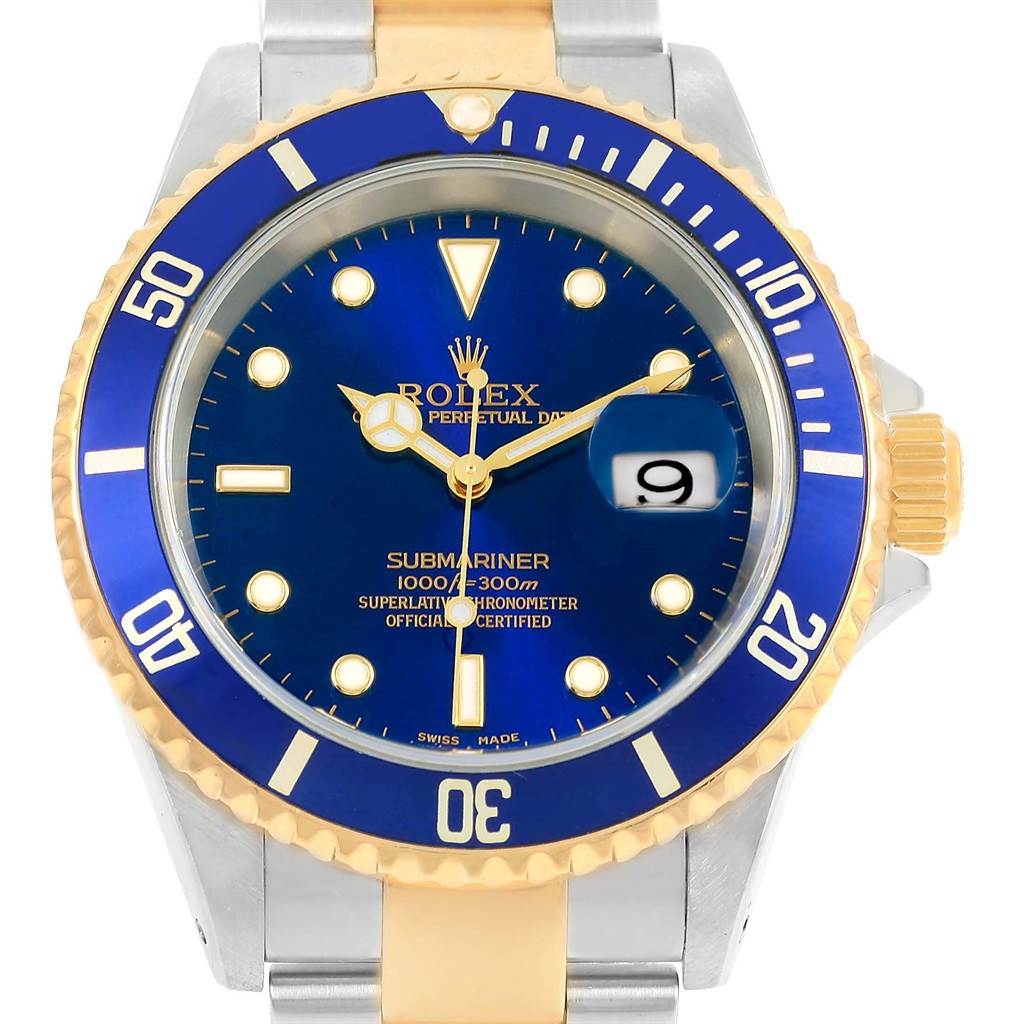 This image shows a front view of the Rolex Submariner 16613 Men's Steel and Gold (two tone) Blue Dial 16613 Men's Steel and Gold (two tone) Blue Dial watch, featuring its blue and gold bezel, dial, hands, and date window.