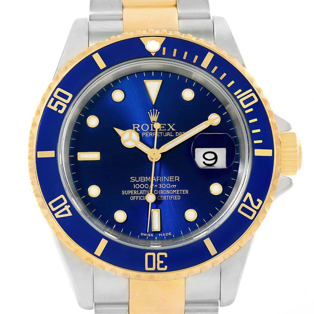 The Rolex Submariner 16613 Men's Steel and Gold (two tone) Blue Dial 16613 Men's Steel and Gold (two tone) Blue Dial watch is shown from a front angle, highlighting its blue and gold face, bezel, and bracelet.