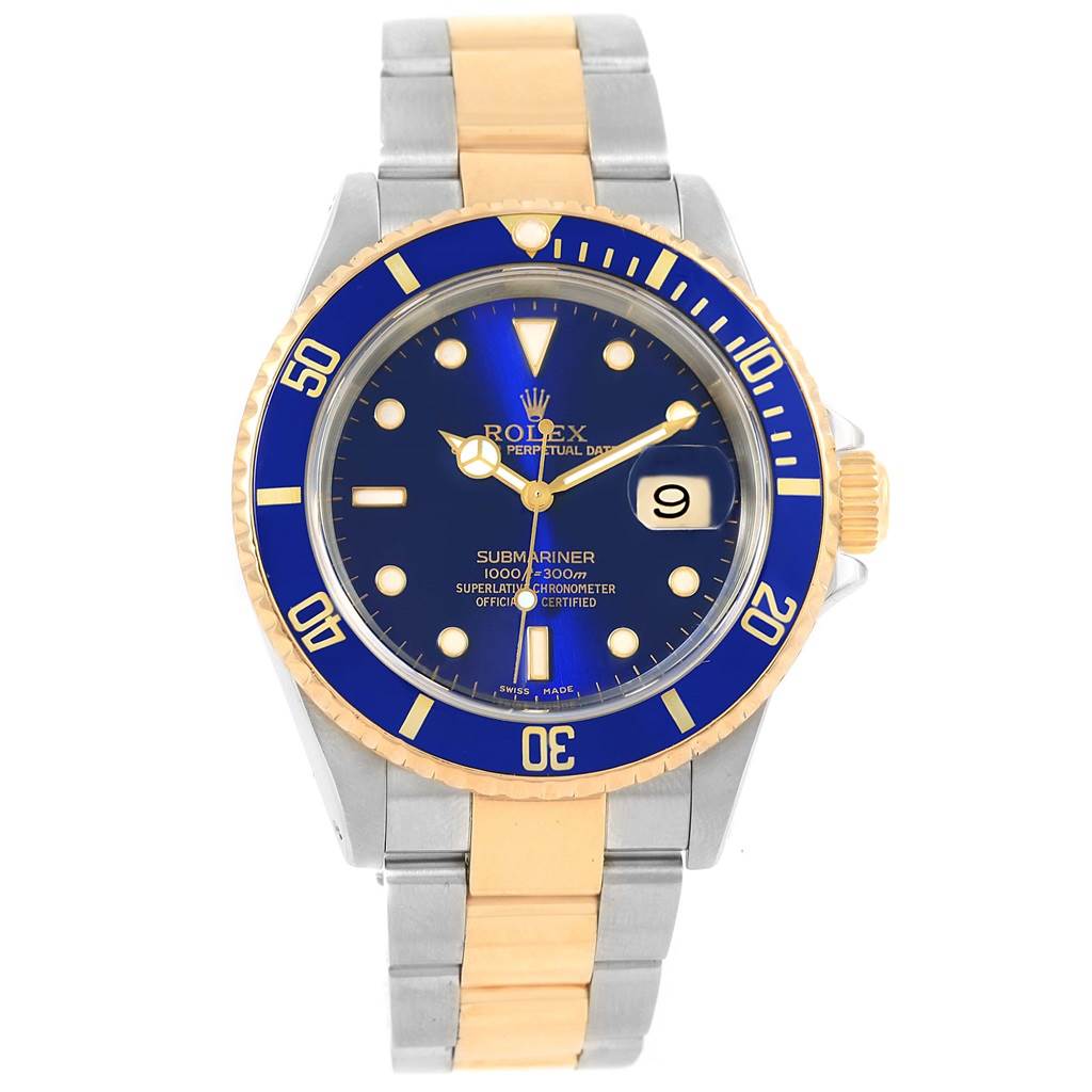 The Rolex Submariner 16613 Men's Steel and Gold (two tone) Blue Dial 16613 Men's Steel and Gold (two tone) Blue Dial watch is shown from a top-down angle, highlighting its blue dial, date window, and two-tone metal bracelet.