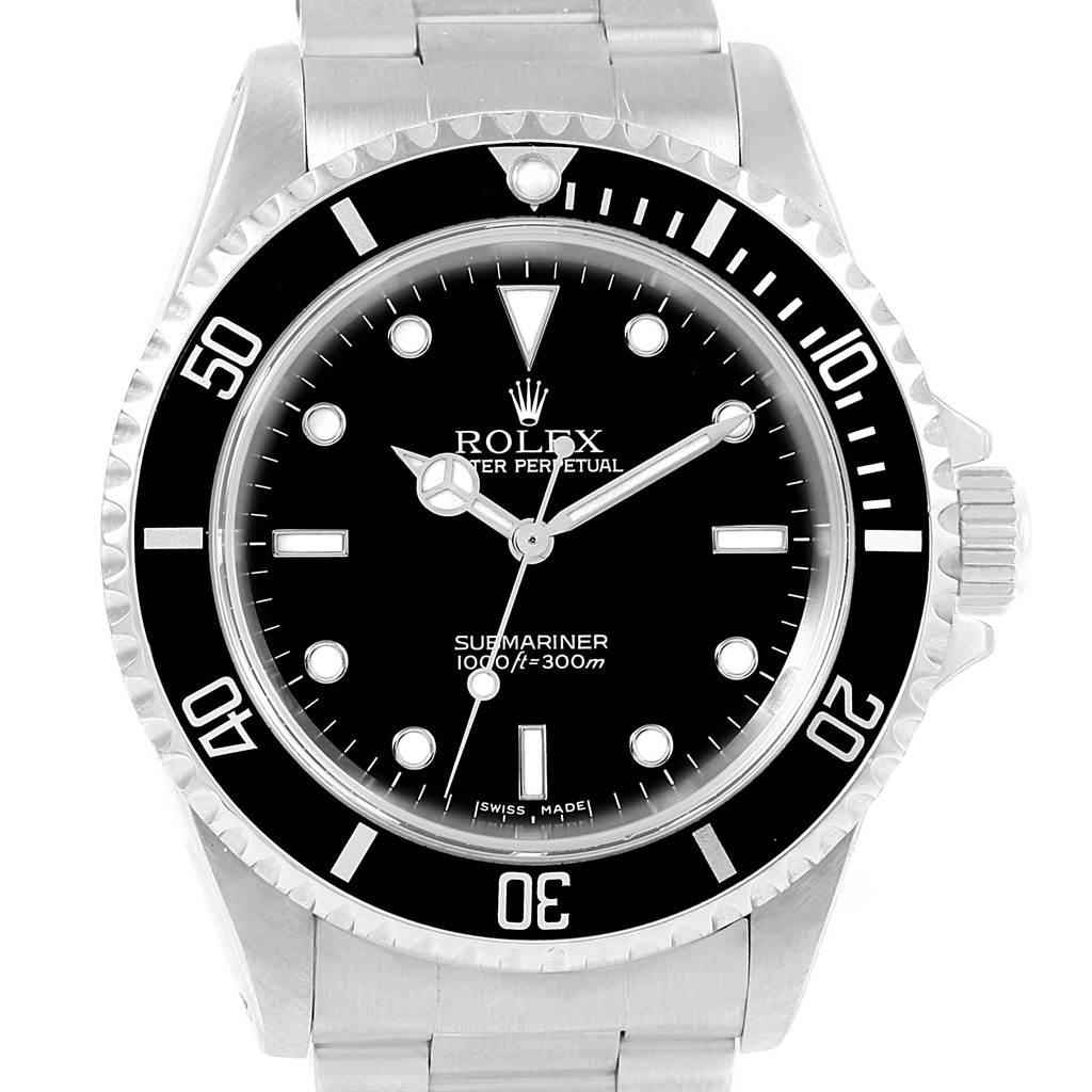 This is a front view of the Rolex Submariner 14060 Men's Stainless Steel Black Dial 14060 Men's Stainless Steel Black Dial watch, showing the dial, bezel, and part of the bracelet.