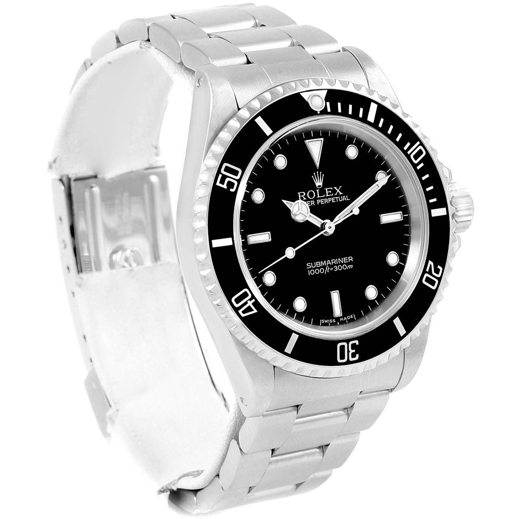 The Rolex Submariner 14060 Men's Stainless Steel Black Dial 14060 Men's Stainless Steel Black Dial watch is shown at an angle displaying the face, bezel, bracelet, and part of the clasp.