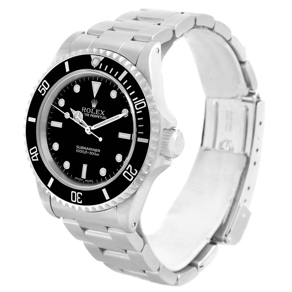 The image shows a Rolex Submariner 14060 Men's Stainless Steel Black Dial 14060 Men's Stainless Steel Black Dial watch from a side angle, highlighting its black dial, bezel, and stainless steel bracelet.