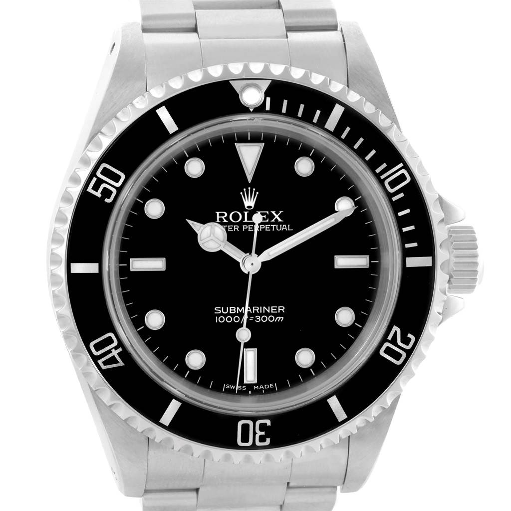 The image shows a frontal view of a Rolex Submariner 14060 Men's Stainless Steel Black Dial 14060 Men's Stainless Steel Black Dial watch featuring the dial, bezel, and part of the bracelet.