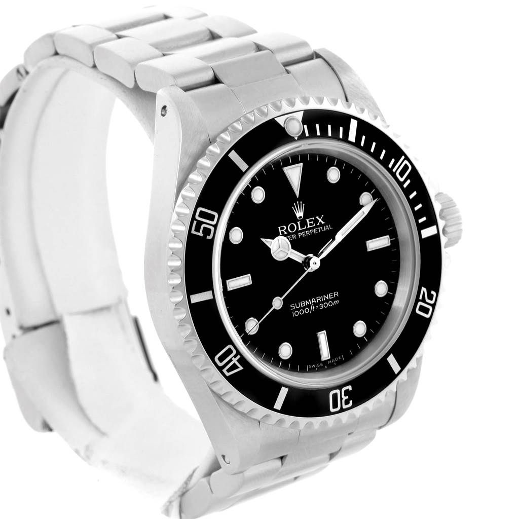The image shows a side angle of the Rolex Submariner 14060 Men's Stainless Steel Black Dial 14060 Men's Stainless Steel Black Dial watch, displaying the dial, bezel, crown, and part of the bracelet.