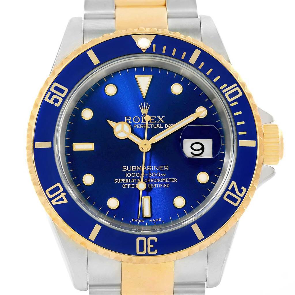 The image shows a front view of a Rolex Submariner 16613 Men's Steel and Gold (two tone) Blue Dial 16613 Men's Steel and Gold (two tone) Blue Dial watch, showcasing its dial, bezel, date window, and part of the bracelet.