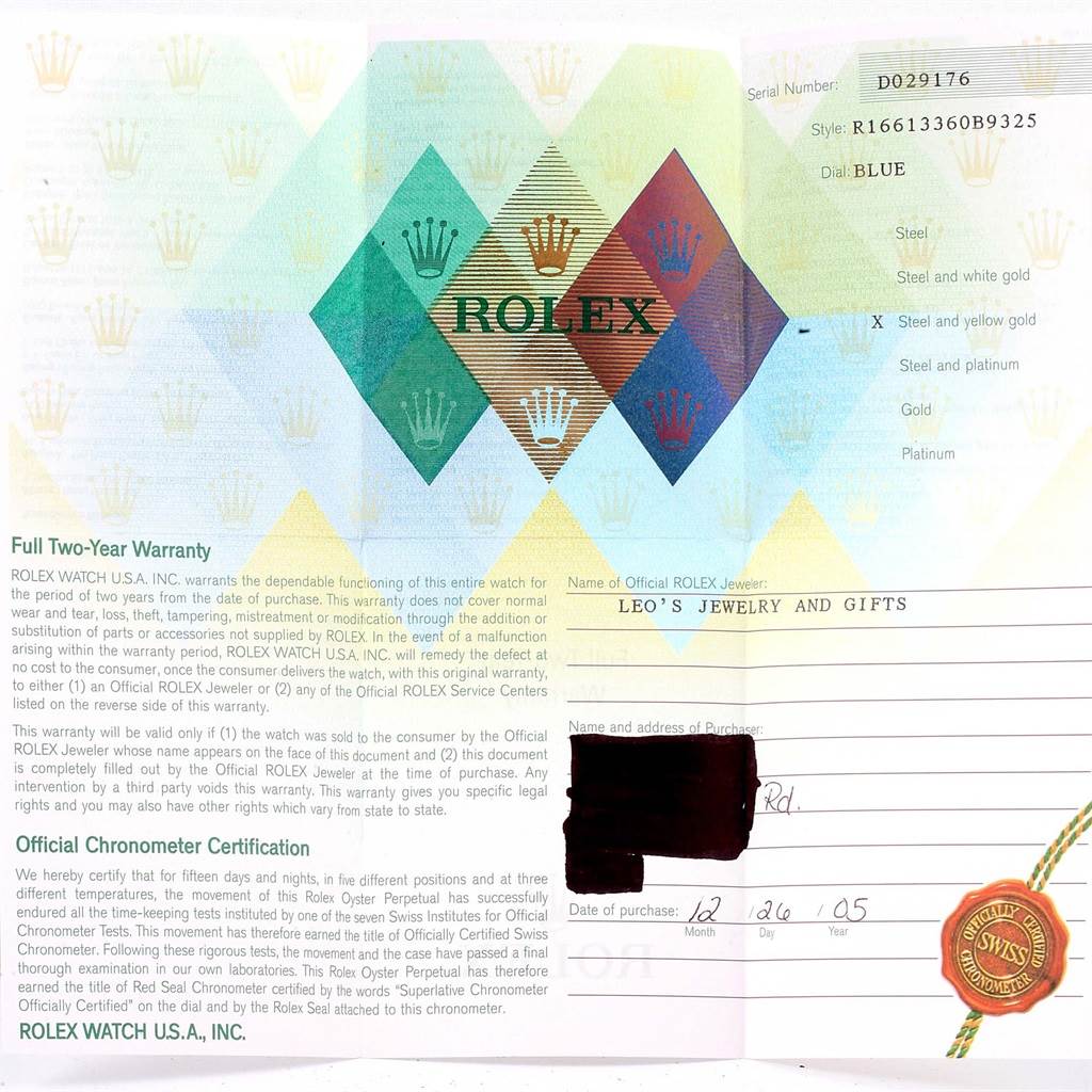 This is a warranty card for the Rolex Submariner 16613 Men's Steel and Gold (two tone) Blue Dial 16613 Men's Steel and Gold (two tone) Blue Dial model with details like serial number, style, and purchase information.