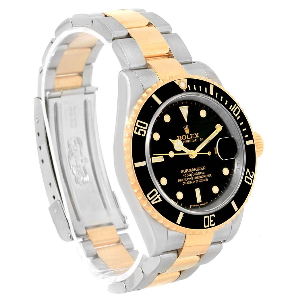 The image shows a Rolex Submariner 16613 Men's Steel and Gold (two tone) Black Dial 16613 Men's Steel and Gold (two tone) Black Dial watch at a three-quarter angle, highlighting the bezel, dial, and bracelet.