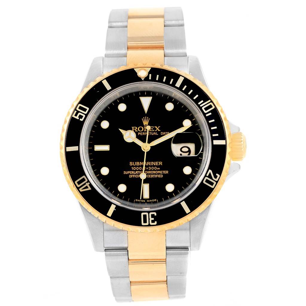 This image shows the front view of a Rolex Submariner 16613 Men's Steel and Gold (two tone) Black Dial 16613 Men's Steel and Gold (two tone) Black Dial watch with a two-tone bracelet and black dial.