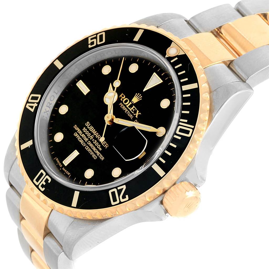 The image shows a Rolex Submariner 16613 Men's Steel and Gold (two tone) Black Dial 16613 Men's Steel and Gold (two tone) Black Dial watch from a front angle, highlighting the black dial, gold accents, and two-tone bracelet.