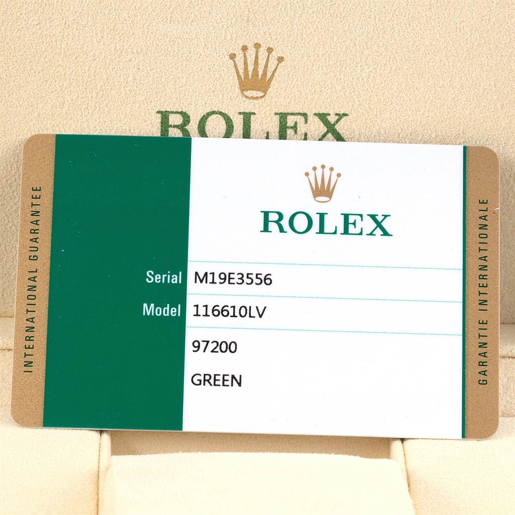 The image shows the warranty card for a Rolex Submariner 116610LV Men's Stainless Steel Green Dial 116610LV Men's Stainless Steel Green Dial model 116610LV watch.
