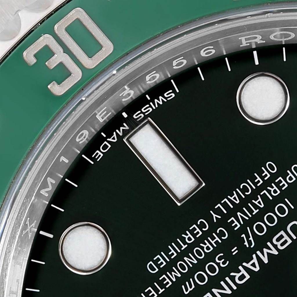 This close-up angle shows the bezel, part of the dial, and markers of the Rolex Submariner 116610LV Men's Stainless Steel Green Dial 116610LV Men's Stainless Steel Green Dial watch.