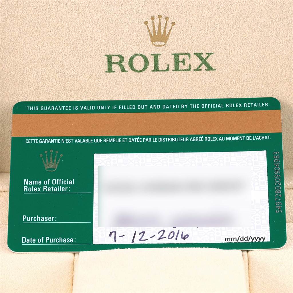 The image shows a warranty card for the Rolex Submariner 116610LV Men's Stainless Steel Green Dial 116610LV Men's Stainless Steel Green Dial, with fields for retailer, purchaser, and date of purchase.