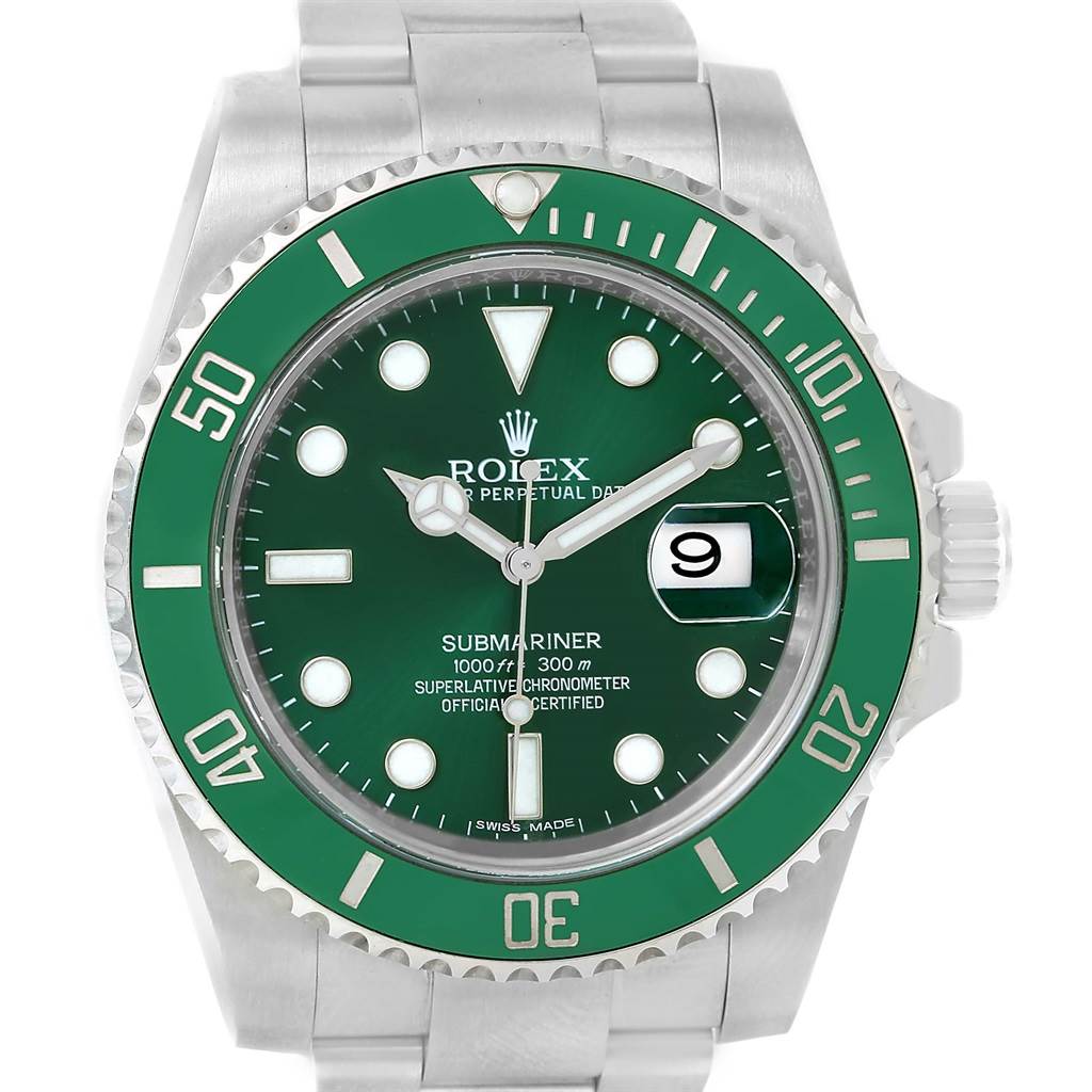 The image shows a front view of a Rolex Submariner 116610LV Men's Stainless Steel Green Dial 116610LV Men's Stainless Steel Green Dial watch with a green bezel and dial, displaying the time at 10:09.