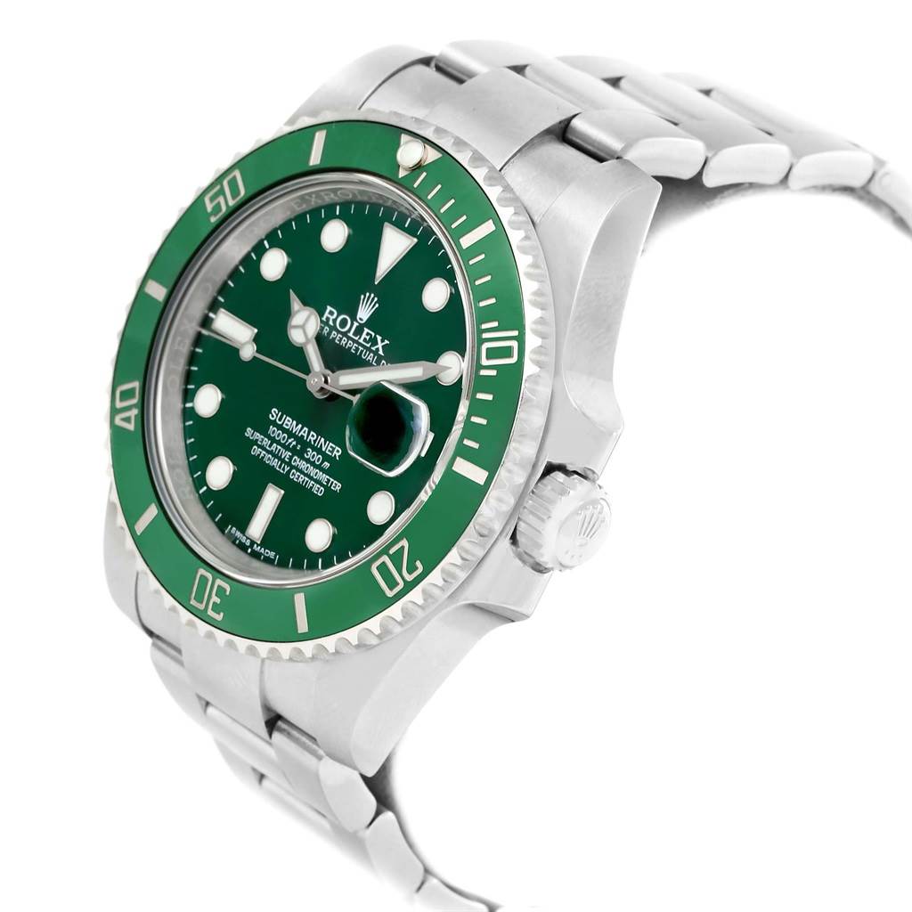 The image shows a Rolex Submariner 116610LV Men's Stainless Steel Green Dial 116610LV Men's Stainless Steel Green Dial watch from an angled side view, highlighting its green bezel, face, and part of the band.