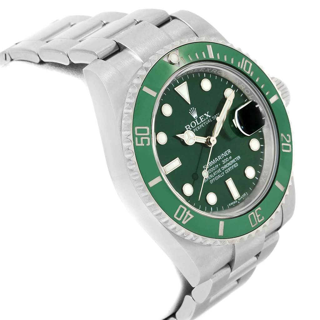 The image shows a side angle of a green Rolex Submariner 116610LV Men's Stainless Steel Green Dial 116610LV Men's Stainless Steel Green Dial watch, showcasing the face, bezel, and part of the bracelet.