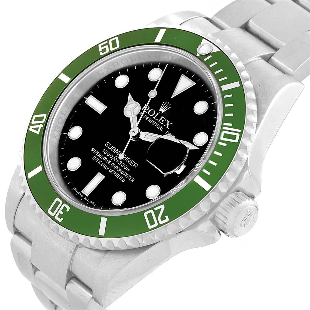 This image shows a Rolex Submariner 16610LV Men's Stainless Steel Black Dial 16610LV Men's Stainless Steel Black Dial watch at a slight angle, highlighting the green bezel, black dial, and metal bracelet.