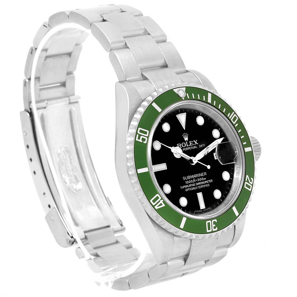 The Rolex Submariner 16610LV Men's Stainless Steel Black Dial 16610LV Men's Stainless Steel Black Dial watch is shown from a slight side angle, displaying its green bezel, black dial, and stainless steel bracelet.