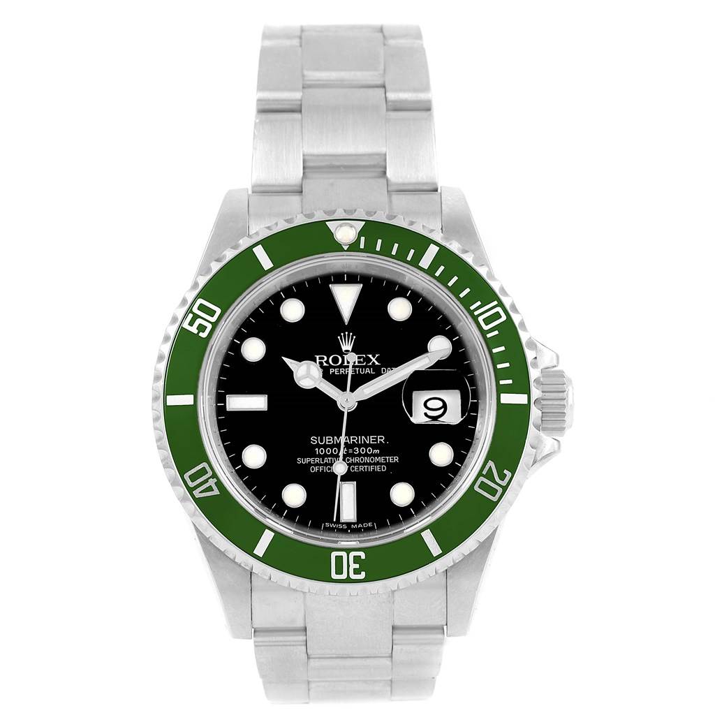 The image shows the front view of a Rolex Submariner 16610LV Men's Stainless Steel Black Dial 16610LV Men's Stainless Steel Black Dial watch, highlighting its face, bezel, and bracelet.