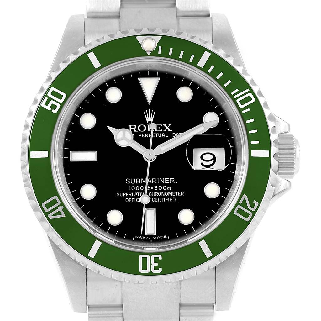 This image shows a frontal view of the Rolex Submariner 16610LV Men's Stainless Steel Black Dial 16610LV Men's Stainless Steel Black Dial watch, highlighting the green bezel, black dial, and steel bracelet.