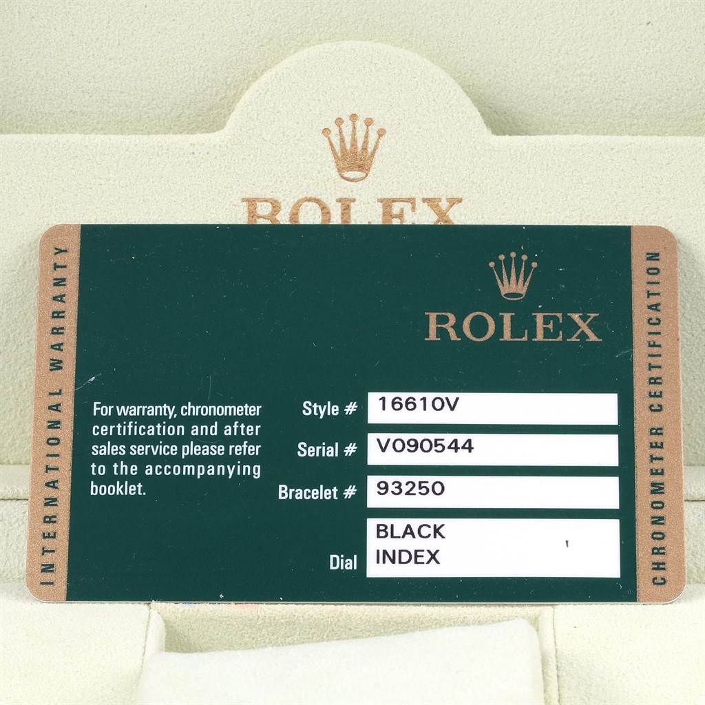 The image shows a Rolex Submariner 16610LV Men's Stainless Steel Black Dial 16610LV Men's Stainless Steel Black Dial warranty card detailing style, serial, bracelet number, and dial type.