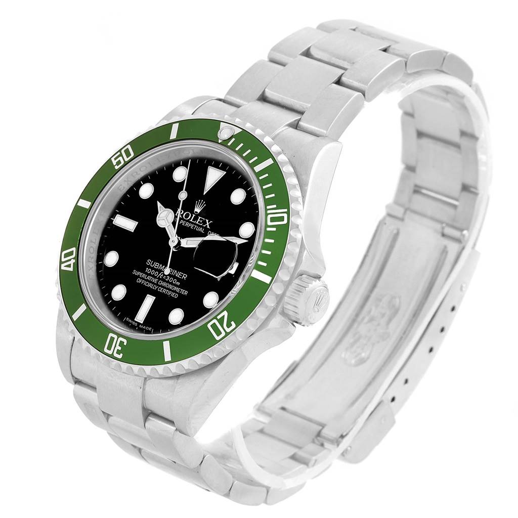 The image shows a Rolex Submariner 16610LV Men's Stainless Steel Black Dial 16610LV Men's Stainless Steel Black Dial watch from a three-quarter angle, highlighting its green bezel and metal bracelet.