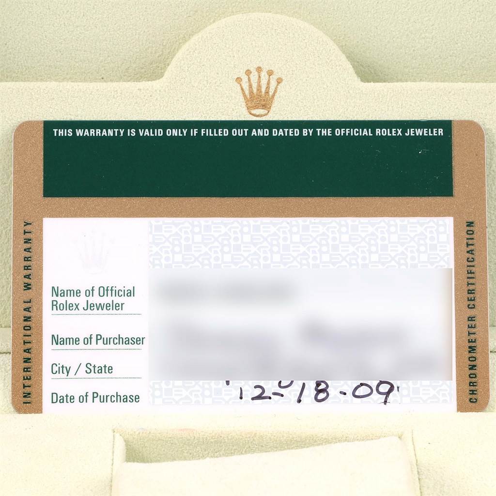 The image shows a Rolex Submariner 16610LV Men's Stainless Steel Black Dial 16610LV Men's Stainless Steel Black Dial warranty card with details about the official jeweler, purchaser, city, state, and purchase date.