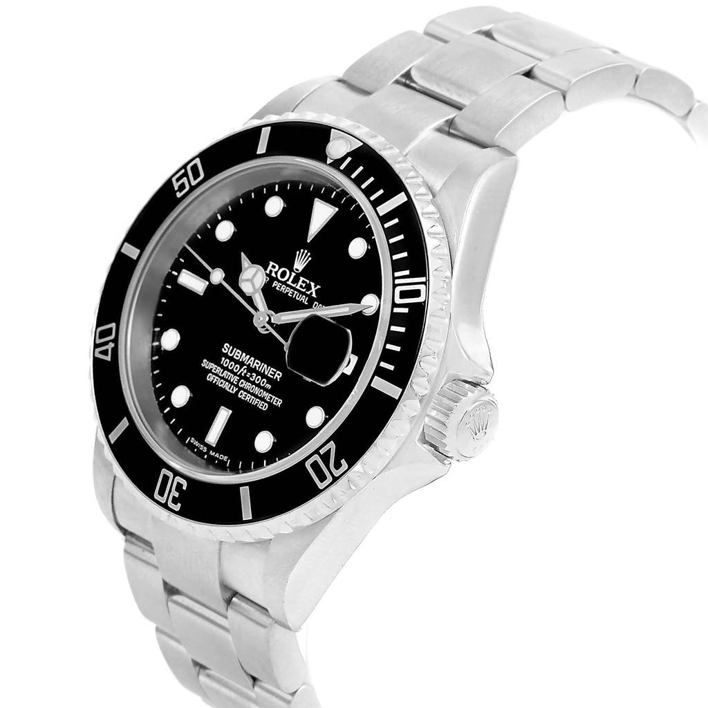 The image shows a Rolex Submariner 16610 Men's Stainless Steel Black Dial 16610 Men's Stainless Steel Black Dial watch at an angled view, highlighting its black dial, bezel, and metal bracelet.