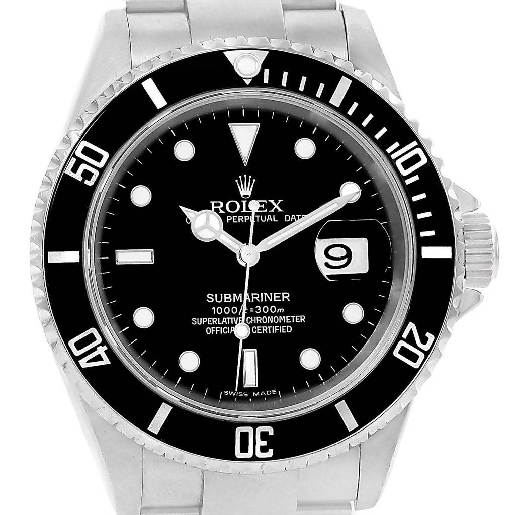 The image shows the front face of the Rolex Submariner 16610 Men's Stainless Steel Black Dial 16610 Men's Stainless Steel Black Dial watch, highlighting the dial, bezel, crown, and bracelet.