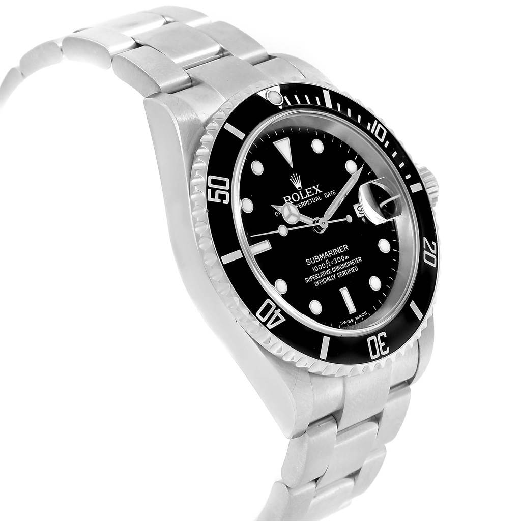 The image shows a side angle of a Rolex Submariner 16610 Men's Stainless Steel Black Dial 16610 Men's Stainless Steel Black Dial model, highlighting its black dial, bezel, and stainless steel bracelet.