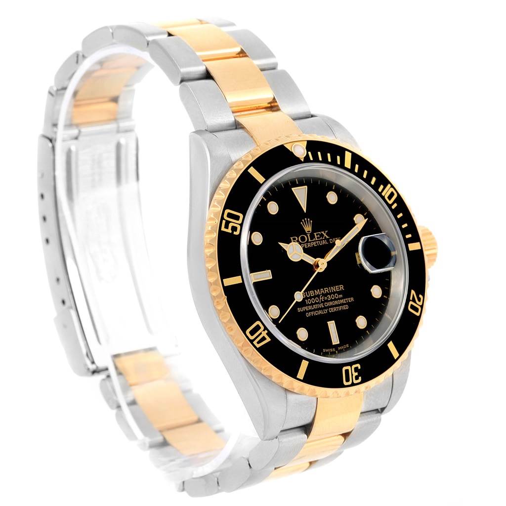 The image shows a side angle view of a Rolex Submariner 16613 Men's Steel and Gold (two tone) Black Dial 16613 Men's Steel and Gold (two tone) Black Dial watch, highlighting its black dial, bezel, and two-tone bracelet.